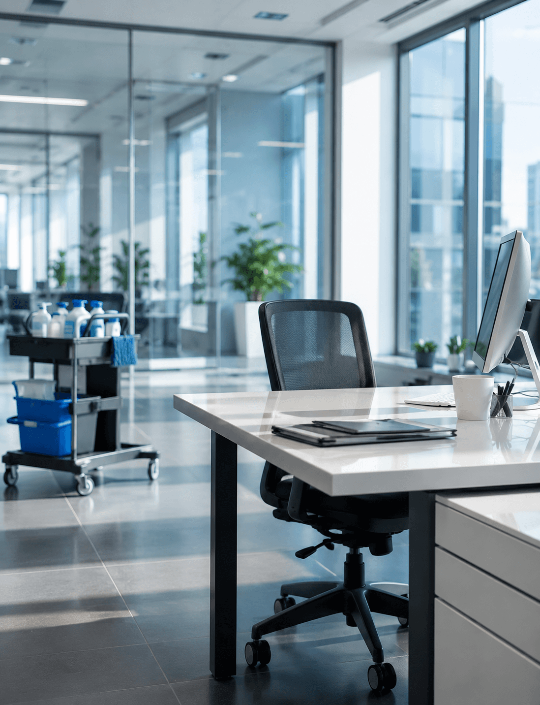Professioneel gereinigd modern kantoor in West-Vlaanderen met schone werkplekken, glazen wanden en hoogwaardige kantoorreiniging door TurboClean