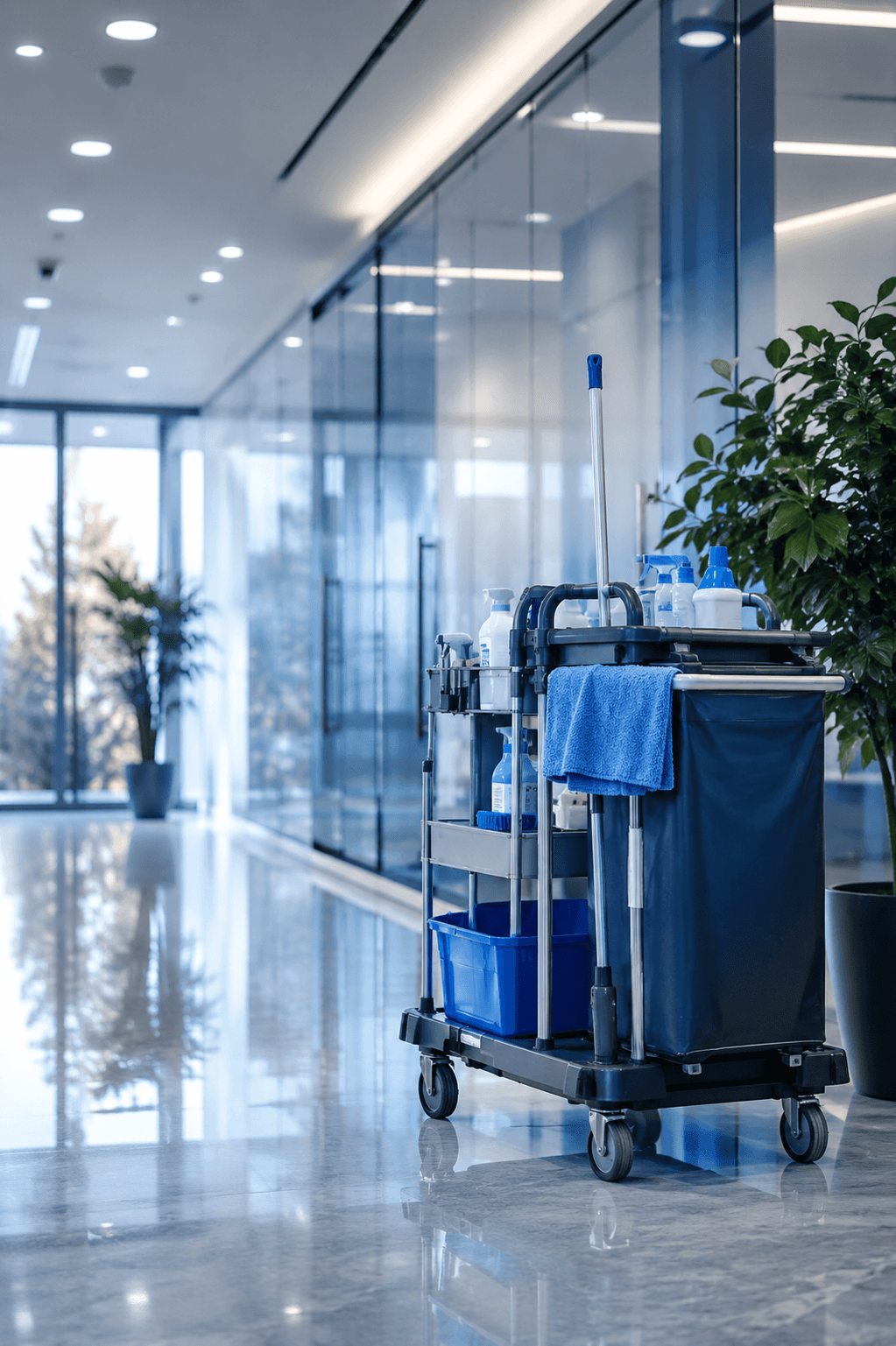 Professionele schoonmaakmaterialen in modern kantoorgebouw van TurboClean in West-Vlaanderen