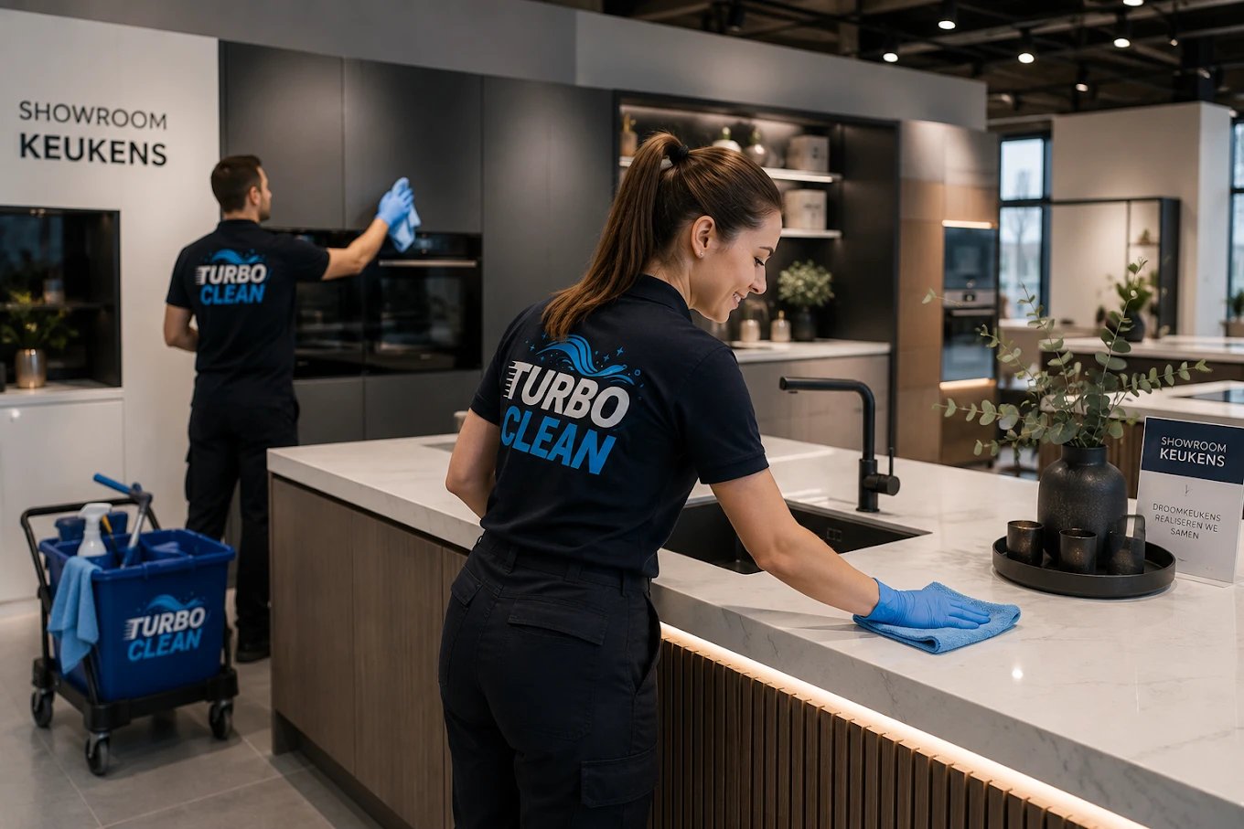 TurboClean schoonmaakmedewerkers reinigen een moderne showroomkeuken in West-Vlaanderen